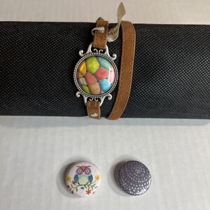 Magnabilities Wrap Bracelet M/L Brown Faux Leather Silver Accents 3 Inserts Owl